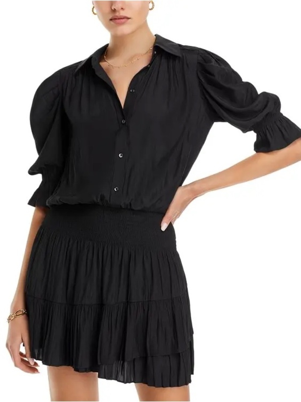 RAMY BROOK Angelina Smocked Waist Ruffled Hem Black Mini Dress Size Small
